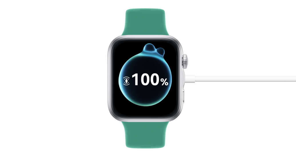 Zegarek Huawei Watch Fit 5 z zielonym paskiem na ekranie ikona ładowania i bańka z wartością procentową. Obok liczby