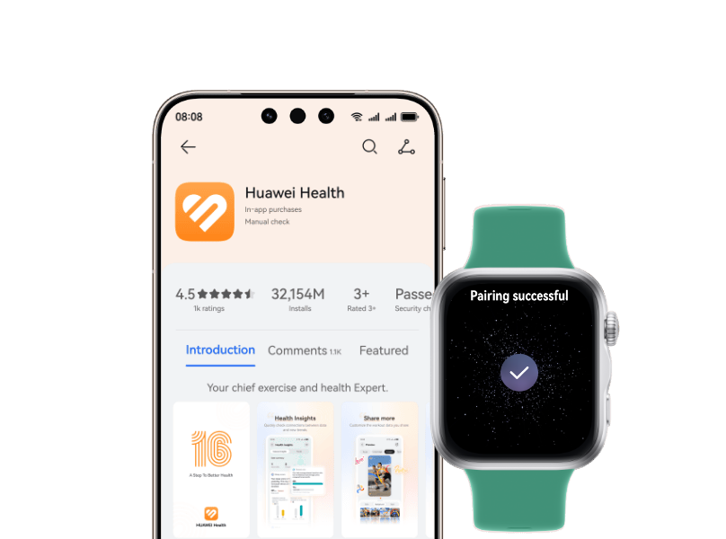 Zegarek Huawei Watch Fit 5 z zielonym paskiem na ekranie ikona „zrobione”. W tle ekran smartfona z logo apki Huawei Zdrowie