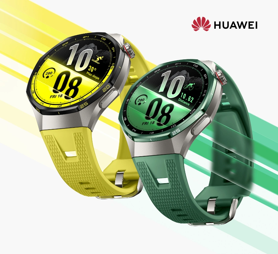 Dwa zegarki Huawei Watch GT 7 Pro z tytanowymi kopertami, jeden z paskiem w kolorze zielonożółtym, drugi w kolorze zielonym.
