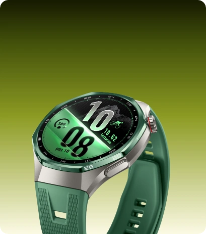 Zegarek Huawei Watch GT 7 Pro z tytanową kopertą i paskiem oraz koronką w kolorze zielonym, na ekranie czas i tryb kolarski