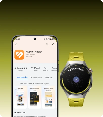 Zegarek Huawei Watch GT 7 Pro na żółtozielonym pasku, obok smartfon na ekranie wyświetla logo aplikacji Huawei Zdrowie