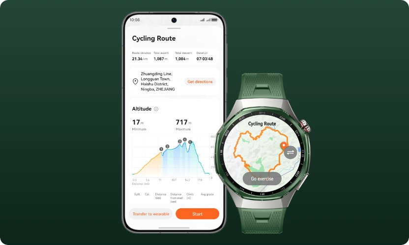 Zegarek Huawei Watch GT 7 Pro wyświetla mapę GPS z oznaczoną trasą, obok na ekranie smartfona dane liczbowe i wykres liniowy