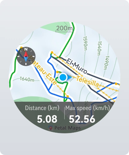 Grafika tarczy zegarka z fragmentem mapy GPS z oznaczonymi trasami oraz liniami wysokości terenu i danymi liczbowymi