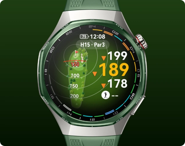 Ekran zegarka Huawei Watch GT 7 Pro wyświetla mapę pola golfowego z oznaczonym dołkiem i danymi liczbowymi