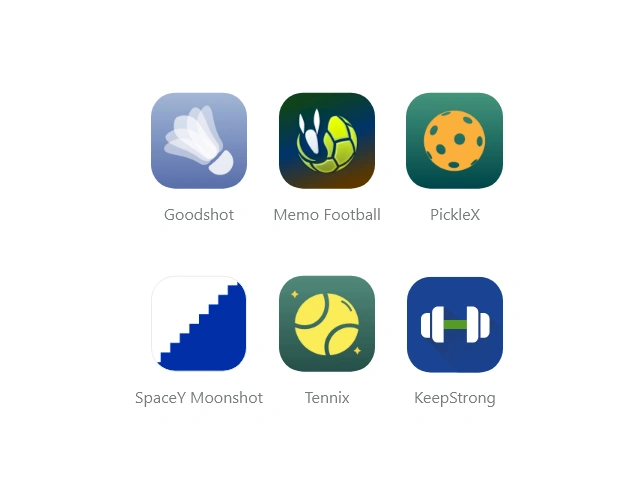 Ikony aplikacji Goodshot, Memo Football, PickleX, SpaceY Moonshot, Tennix, KeepStrong