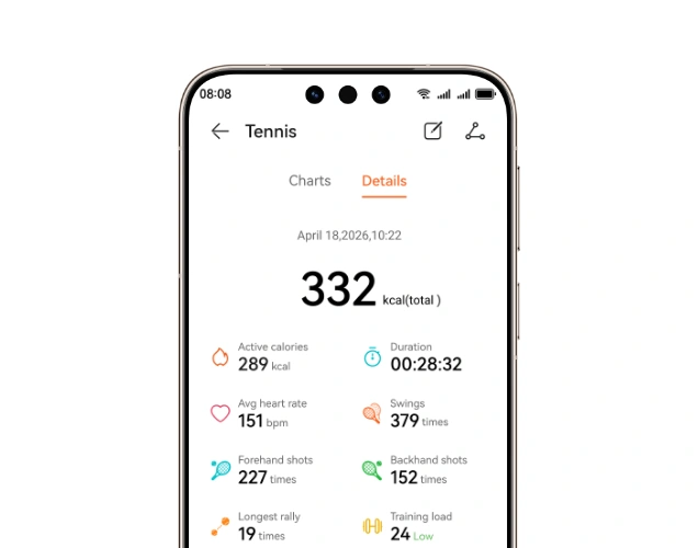 Ekran smartfona wyświetla dane liczbowe i ikony charakterystyczne dla aplikacji sportowej gry w tenisa.