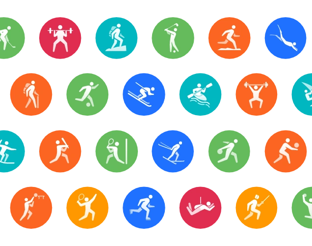24 różnokolorowe, okrągłe piktogramy przedstawiające różne dyscypliny sportowe