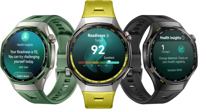 Trzy zegarki Huawei Watch GT 7 Pro. Obok siebie z zielonym, zielonożółtym i czarnym paskiem