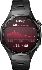 Czarny zegarek Huawei Watch GT 7 Pro, ekran wyświetla czerwony wykres liniowy oraz dane liczbowe