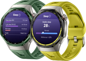 Dwa zegarki Huawei Watch GT 7 Pro z zielonym i zielonożółtym paskiem, na ekranach wykresy paskowe z liczbami