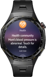 Czarny zegarek Huawei Watch GT 7 Pro, ekran wyświetla logo aplikacji Huawei Zdrowie i komunikat