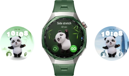 Zegarek Huawei Watch GT 7 Pro z zielonym paskiem, ekran wyświetla tarczę z pandą, obok dwie innej, w innej kolorystyce