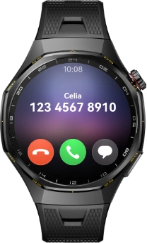 Czarny zegarek Huawei Watch GT 7 Pro, ekran wyświetla planszę charakterystyczną dla telefonicznego połączenia przychodzącego
