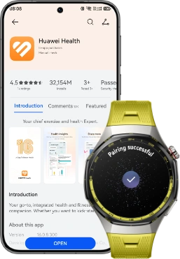 Zegarek Huawei Watch GT 7 Pro na zielonożółtym pasku, obok smartfon wyświetla logo aplikacji Huawei Zdrowie