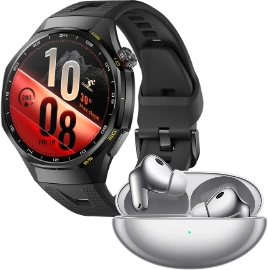 Czarny zegarek Huawei Watch GT 7 Pro obok zestaw słuchawek Freebuds Neo w etui ładującym