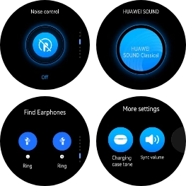 Cztery tarcze ekranu zegarka z białymi ikonami na niebieskim tle do zdalnej obsługi słuchawek Freebuds Neo