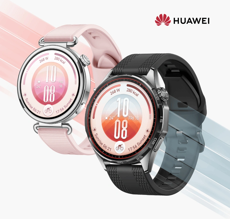 Dwa zegarki Huawei Watch GT 7, jeden z czarnym paskiem i kopertą, drugi z różowym paskiem i srebrną kopertą.