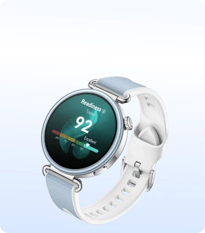 Zegarek Huawei Watch GT 7 ze srebrną kopertą i jasnoniebieskim paskiem, ekran wyświetla wykres paskowy i liczbę.