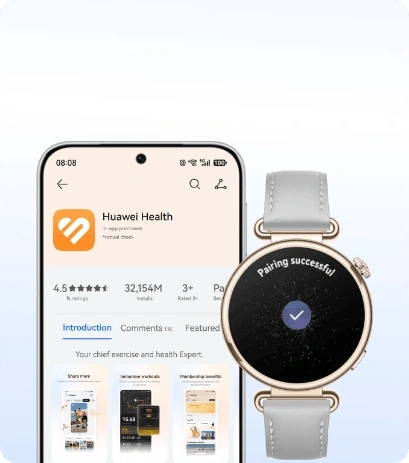 Zegarek Huawei Watch GT 7 na szarym pasku, obok smartfon na ekranie wyświetla logo aplikacji Huawei Zdrowie