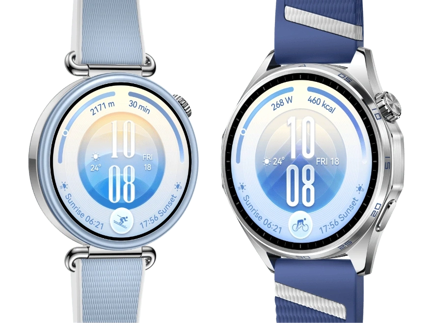 Dwa zegarki Huawei Watch GT 7, mniejszy z jasnoniebieskim paskiem i koronką, większy z niebieskim paskiem i srebrną kopertą