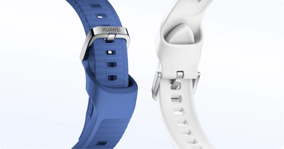 Dwa paski zegarka Huawei Watch GT 7 niebieski i biały od strony zapięcia, z widocznym uchwytem na końcówkę