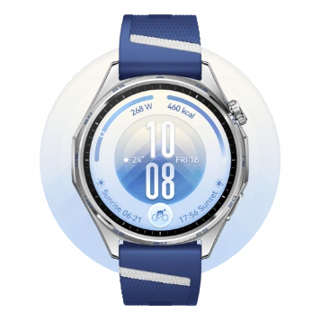 Zegarek Huawei Watch GT 7 z niebieskim paskiem i srebrną kopertą, ekran wyświetla godzinę w formacie liczbowym