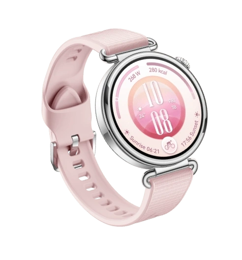 Różowy Huawei Watch GT 7, z różowym paskiem i kopertą.