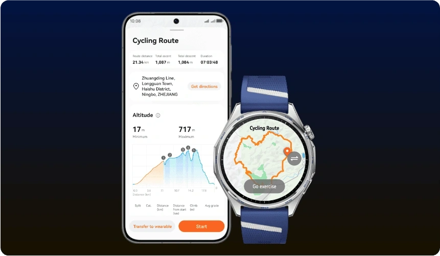 Zegarek Huawei Watch GT 7 wyświetla mapę GPS z oznaczoną trasą, obok na ekranie smartfona dane liczbowe i wykres liniowy