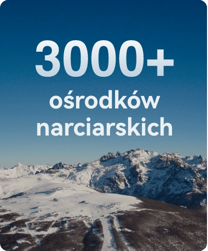 Napis 3000+ ośrodków narciarskich. Panorama górskich, ośnieżonych wzniesień i stoków