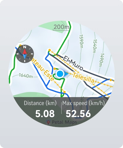 Grafika tarczy zegarka z fragmentem mapy GPS z oznaczonymi trasami oraz liniami wysokości terenu i danymi liczbowymii