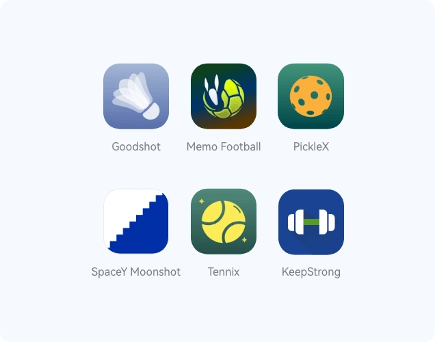 Ikony aplikacji Goodshot, Memo Football, PickleX, SpaceY Moonshot, Tennix i KeepStrong