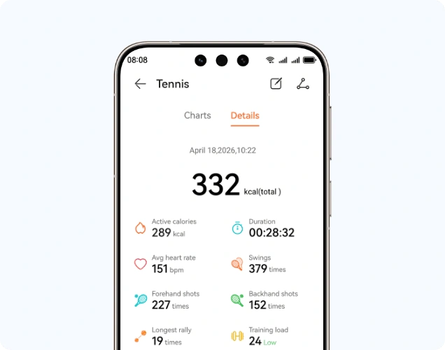 Ekran smartfona wyświetla dane liczbowe i ikony charakterystyczne dla aplikacji sportowej gry w tenisa.