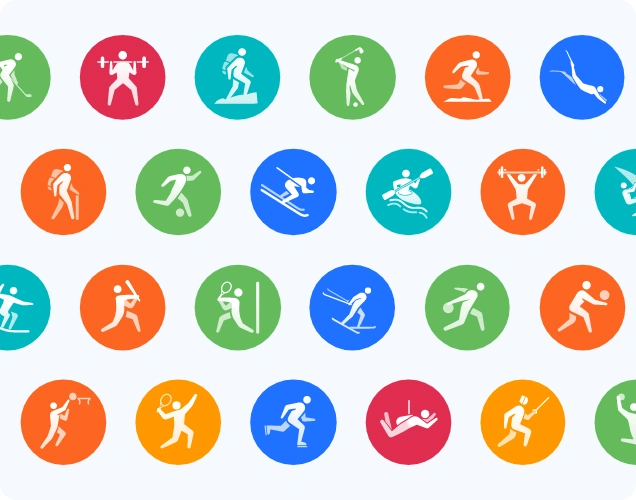 24 różnokolorowe, okrągłe piktogramy przedstawiające różne dyscypliny sportowe