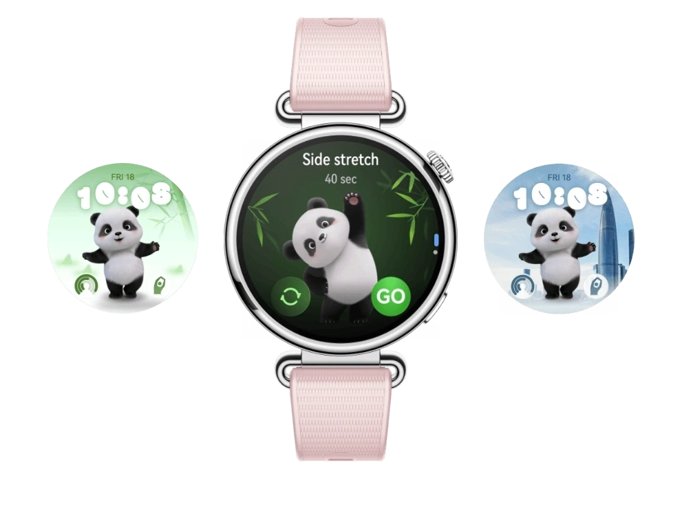 40. Zegarek Huawei Watch GT 7 z różowym paskiem, ekran wyświetla tarczę z pandą, obok dwie innej, w innej kolorystyce