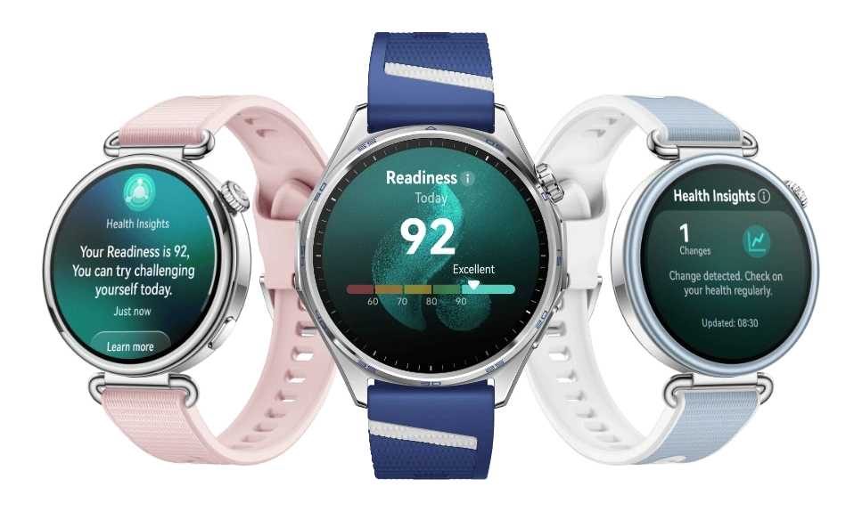 Trzy zegarki Huawei Watch GT 7. Obok siebie z różowym, niebieskim i jasnoniebieskim paskiem.