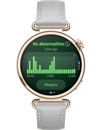 Zegarek Huawei Watch GT 7 na szarym pasku, na ekranie gęsty wykres kolumnowy