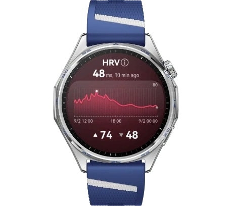 Zegarek Huawei Watch GT 7 na niebieskim pasku, ekran wyświetla czerwony wykres liniowy oraz dane liczbowe