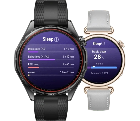 Dwa zegarki Huawei Watch GT 7 z czarnym i szarym paskiem, na ekranach wykresy paskowe z liczbami
