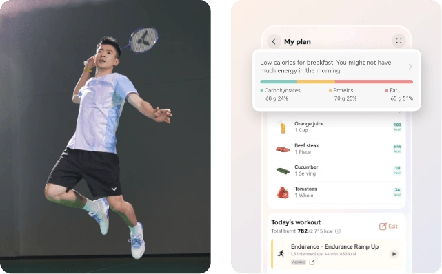 Z lewej badmintonista z rakietą, w wyskoku. Z prawej ekran apliakcji HUAWEI Zdrowie z planem diety i aktywności