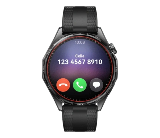 Czarny zegarek Huawei Watch GT 7, ekran wyświetla planszę charakterystyczną dla telefonicznego połączenia przychodzącego