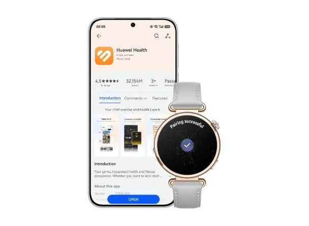 Zegarek Huawei Watch GT 7 na szarym pasku, obok smartfon wyświetla logo aplikacji Huawei Zdrowie