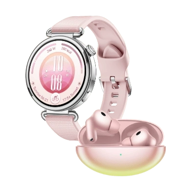 Zegarek Huawei Watch GT 7 na różowym pasku obok różowy zestaw słuchawek Freebuds Neo w różowym etui ładującym