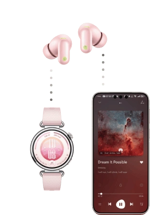 Różowy zegarek Huawei Watch GT 7 i różowa para słuchawek Freebuds Neo obok ekran smartfona wyświetlający okładkę płyty