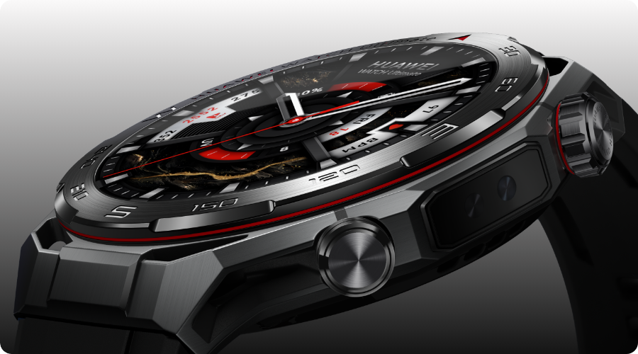 Smartwatch HUAWEI w ciemnosrebrnej kopercie z czarnym paskiem, ukazany z perspektywy bocznej, z tarczą o nowoczesnym, technicznym designie w czerni i czerwieni.