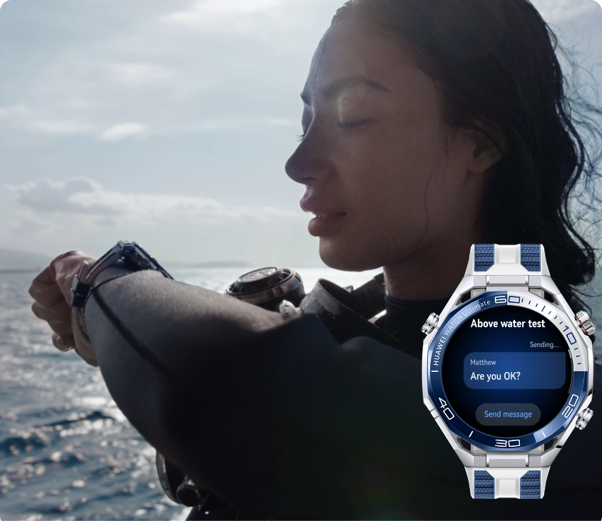Kobieta w kombinezonie do nurkowania stojąca na łodzi, spoglądająca na smartwatch HUAWEI na swoim nadgarstku. Obok powiększony widok zegarka z wyświetlonym ekranem wiadomości.