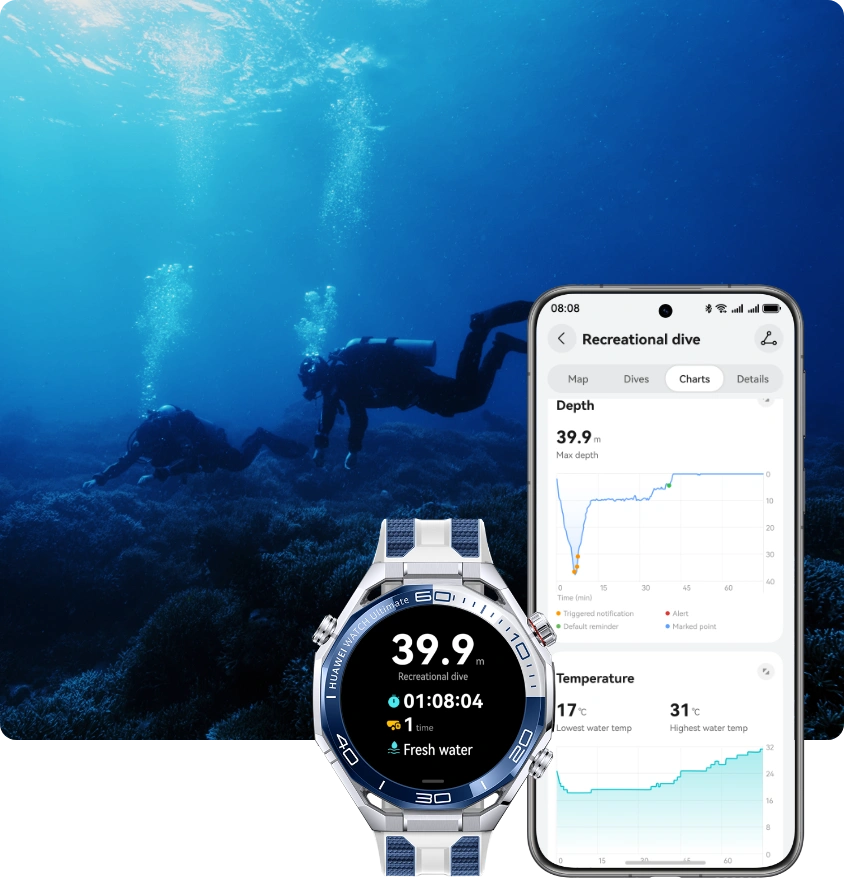 Dwóch nurków pod wodą nad rafą koralową. Na pierwszym planie widoczny smartwatch HUAWEI z trybem nurkowym oraz smartfon z aplikacją pokazującą wykresy głębokości i temperatury.