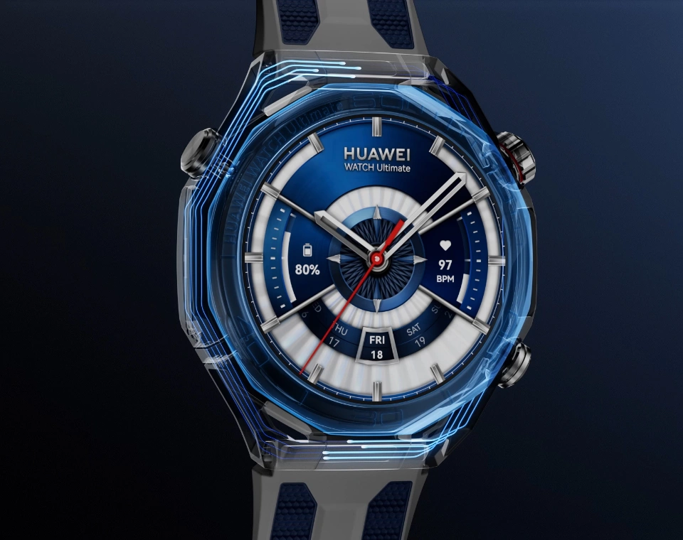 Smartwatch HUAWEI Watch Ultimate w srebrno-niebieskiej kopercie, z tarczą w stylu analogowym i efektowną grafiką świetlną otaczającą obudowę.