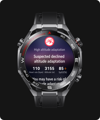 Smartwatch HUAWEI w czarno-srebrnej kopercie z czarnym paskiem, wyświetlający ekran monitorowania zdrowia w trybie adaptacji wysokościowej.