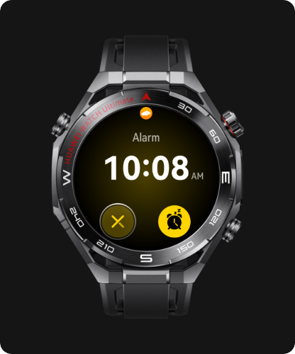 Smartwatch HUAWEI w czarno-srebrnej kopercie z ekranem ustawionego alarmu.