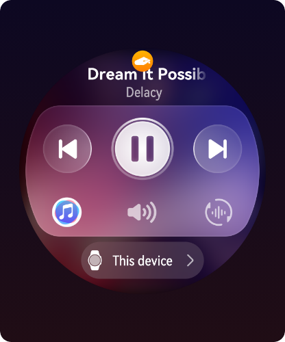 Ekran smartwatcha przedstawiający odtwarzacz muzyki z widocznymi ikonami sterowania: poprzedni utwór, play/pauza, następny utwór, regulacja głośności i wybór urządzenia.